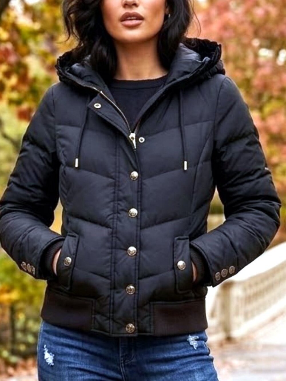 Juicy Couture Black Puffer Jacket Hooded Chevron Quilted Gold Crest Buttons M